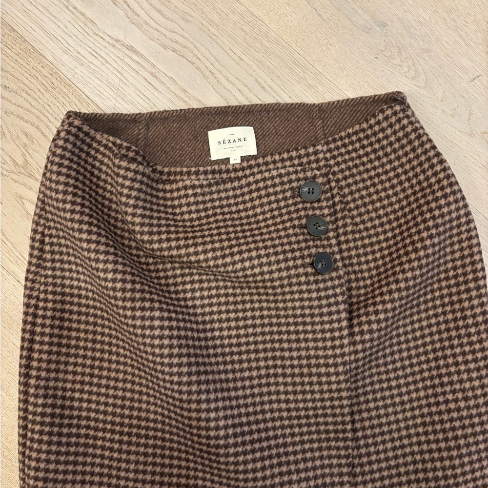 Sezane Brown Houndstooth Mini Skirt with Side Button Trim